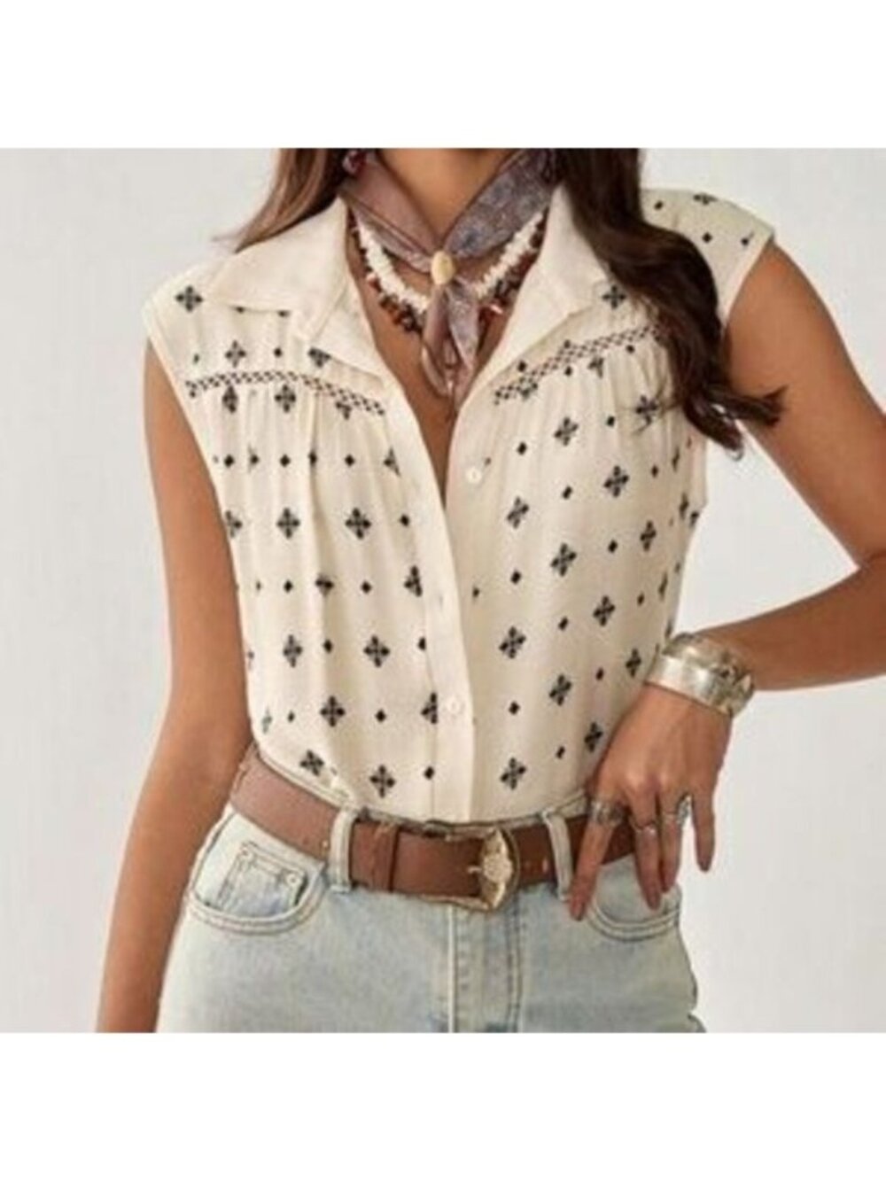 Boho All over Print Button Down Sleeveless Top